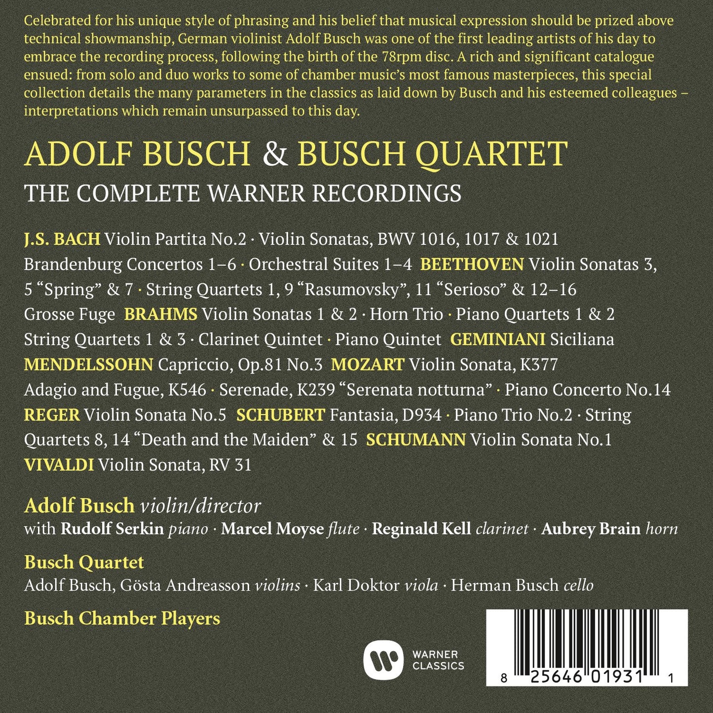 ADOLF BUSCH & THE BUSCH QUARTET: COMPLETE WARNER RECORDINGS (16 CDS)