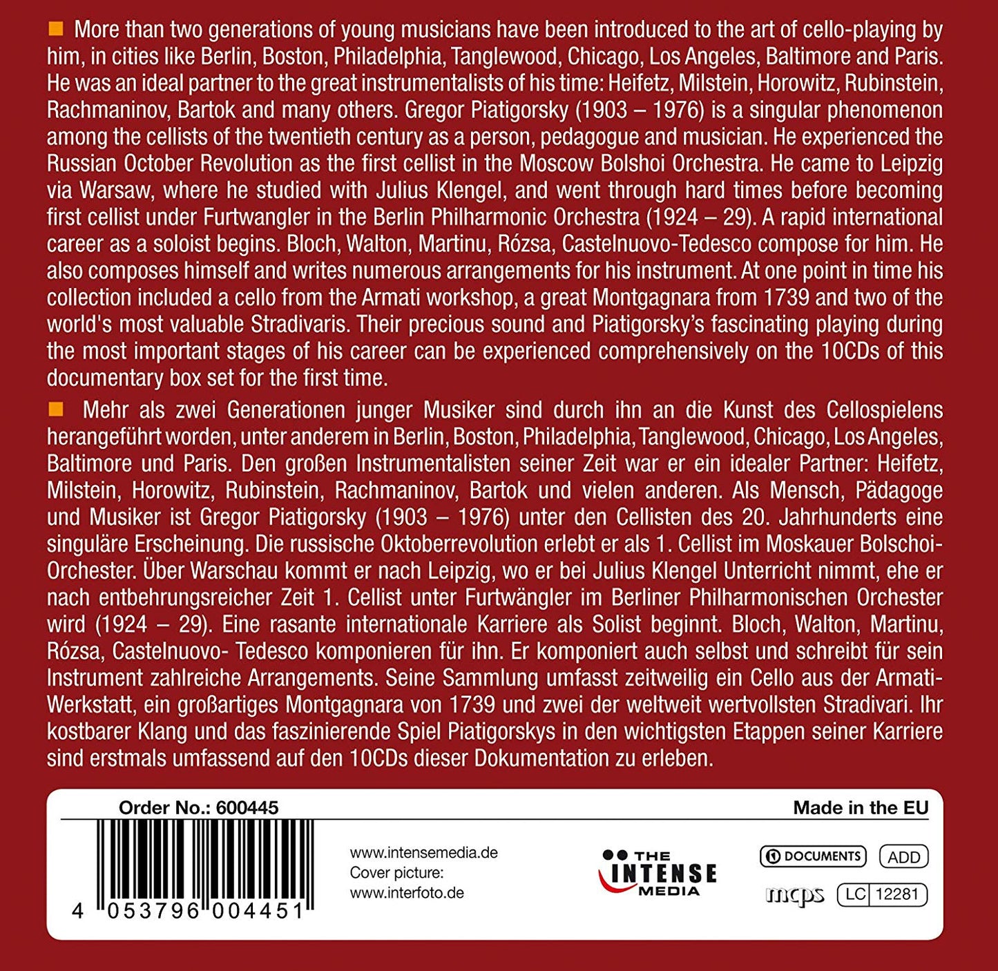 GREGOR PIATIGORSKY: MILESTONES OF A LEGEND (10 CDS)