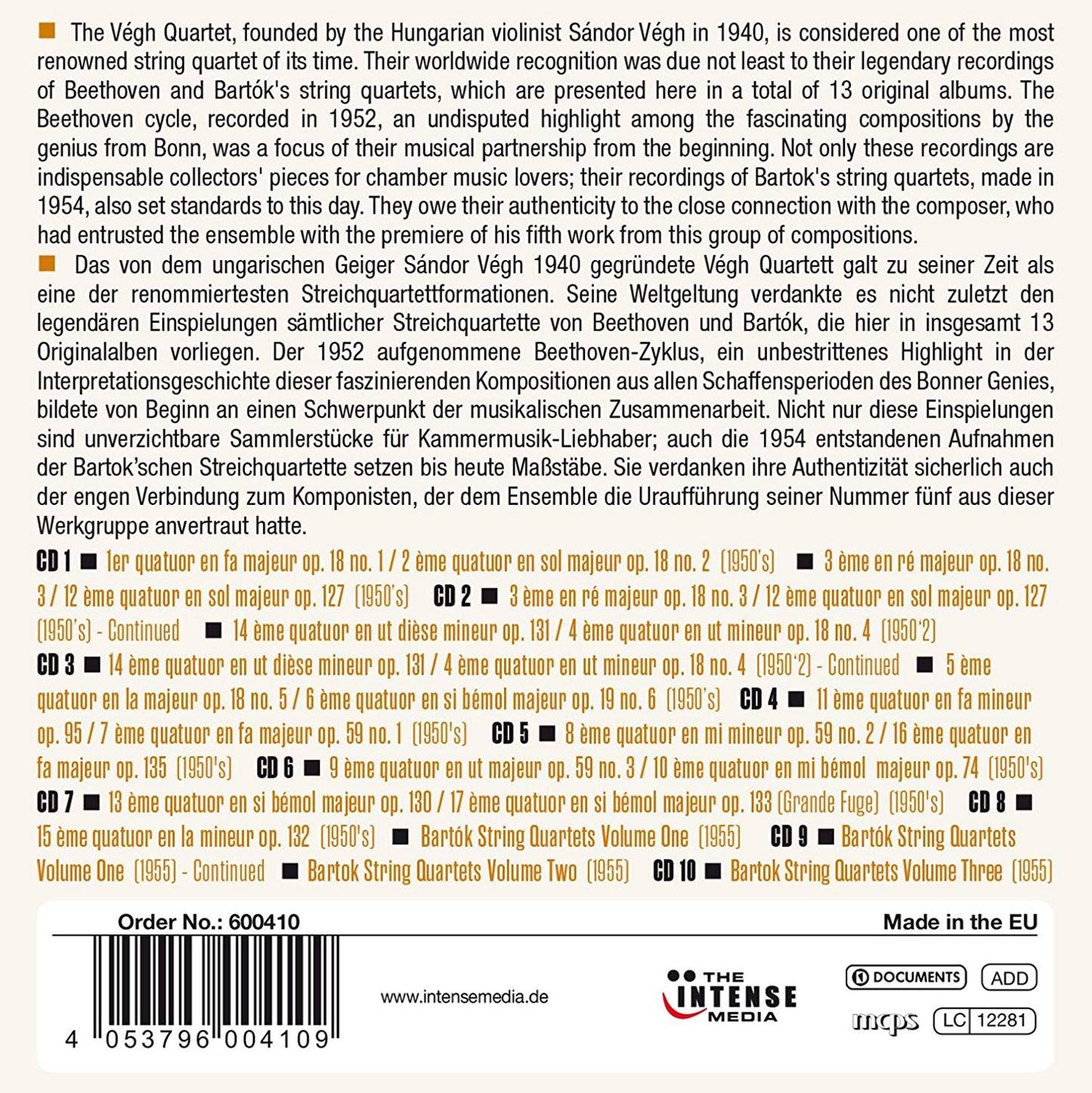 BEETHOVEN & BARTOK: THE COMPLETE STRING QUARTETS - VEGH QUARTET (10 CDS)
