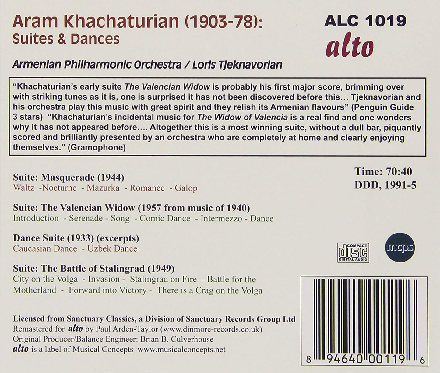 KHATCHATURIAN: SUITES & DANCES;  VALENCIAN WIDOW: MASQUERADE - ARMENIAN PHILHARMONIC, TJEKNAVORIAN