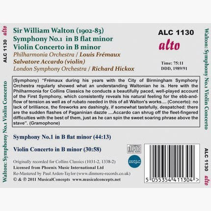 WALTON: SYMPHONY 1; VIOLIN CONCERTO - PHILHARMONIA ORCHESTRA, ACCARDO, HICKOX, FREMAUX