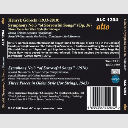 GORECKI: SYMPHONY NO 3; THREE PIECES IN OLDEN STYLE - SIMONOV, ROYAL PHILHARMONIC ORCHESTRA