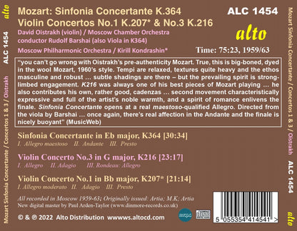 Mozart: Sinfonia Concertante K364; Violin Concertos No. 1 K 207 & No. 3 K 216 - David Oistrakh, Rudolf Barshai, Moscow Chamber Orchestra, Kirill Kondrashin