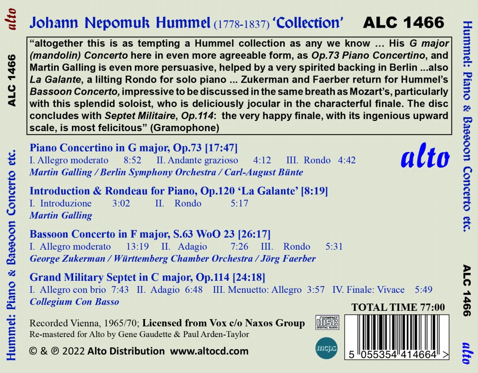 HUMMEL: A COLLECTION OF WORKS - Martin Galling, George Zukerman, Collegium Con Basso (CD with Free MP3 DOWNLOAD)