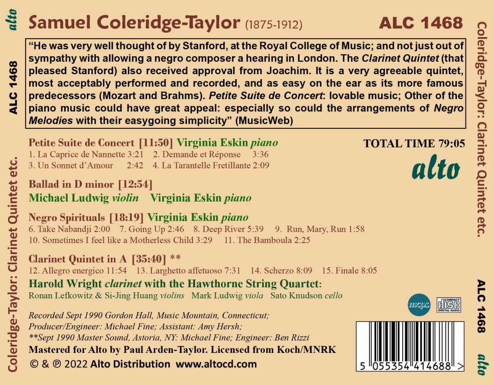 COLERIDGE-TAYLOR: Clarinet Quintet Suite de Concert, Ballad, Spirituals for piano (CD + FREE MP3)