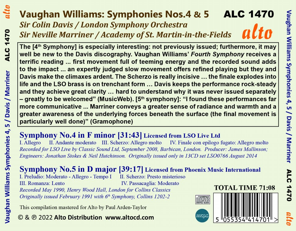 Vaughan Williams: Symphonies Nos. 4 & 5 - Sir Colin Davis, London Symphony Orchestra; Sir Neville Marriner, Academy of St. Martin-in-the-Fields (CD)