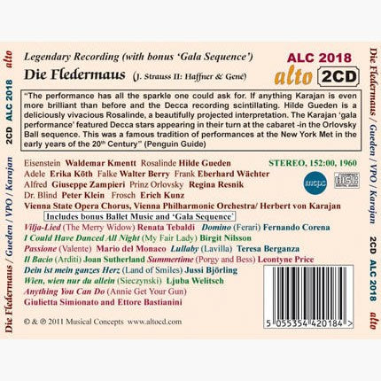 STRAUSS, II, J: DIE FLEDERMAUS (COMPLETE OPERA PLUS BONUS GALA SCENE & BALLET MUSIC) - KARAJAN, VIENNA PHILHARMONIC (2 CDS)