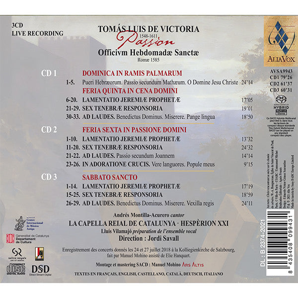 Victoria: Passion Officium Hebdomadae Sanctae - Savall, LA CAPELLA REIAL DE CATALUNYA (3 HYBRID SACDS)
