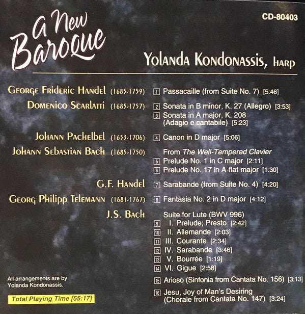 A NEW BAROQUE (HANDEL/SCARLATTI/BACH/PACHELBEL arranged for harp) - Yolanda Kondonassis
