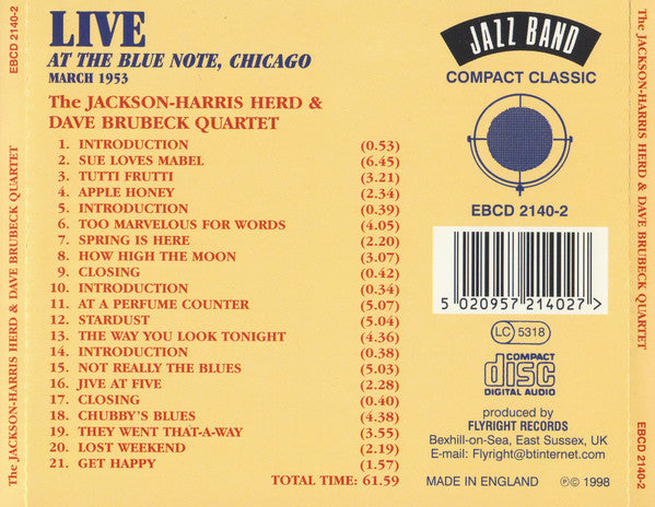 LIVE AT THE BLUE NOTE, CHICAGO MARCH 1953: Jackson-Harris Herd, Dave Brubeck Quartet feat. Paul Desmond