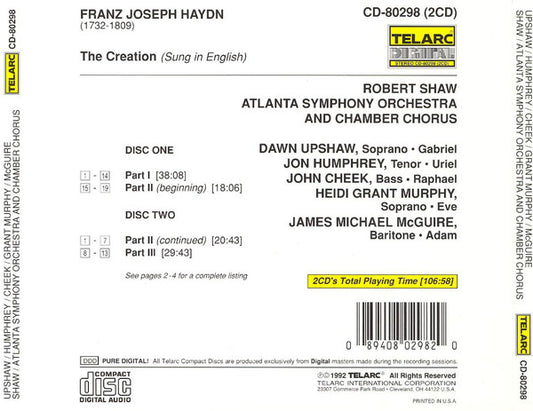 HAYDN: THE CREATION (SUNG IN ENGLISH) - Robert Shaw, Dawn Upshaw, Heidi Grant Murphy, Atlanta Symphony Orchestra & Chorus (2 CDs)
