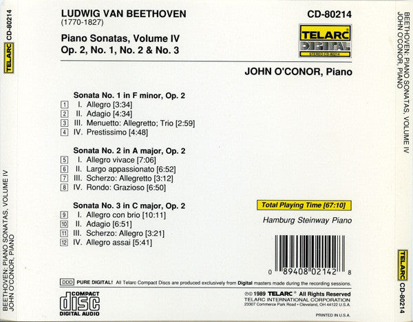 BEETHOVEN: PIANO SONATAS VOL. 4 (Op. 2, No. 1, 2, 3) - John O'Conor