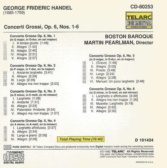 HANDEL: CONCERTI GROSSI OP. 6, NOS. 1-6 - Boston Baroque, Martin Pearlman