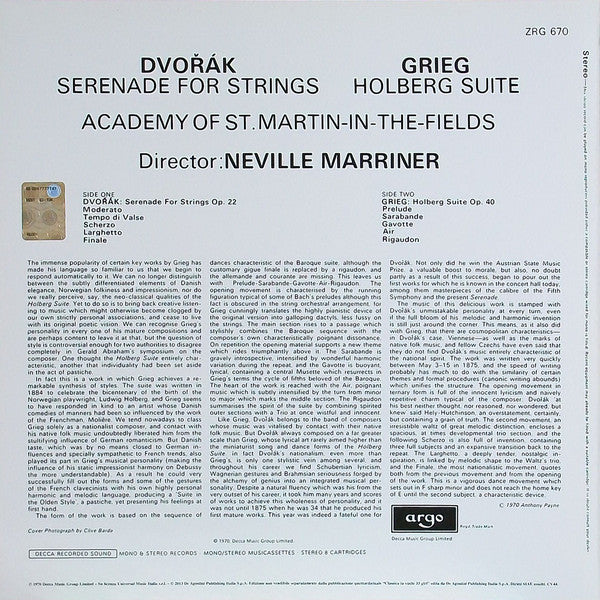 DVORAK: SERENADE FOR STRINGS; GRIEG: HOLBERG SUITE - NEVILLE MARRINER, ACADEMY OF ST MARTIN IN THE FIELDS (180 GRAM VINYL LP)