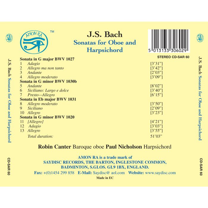 Bach: Music for Oboe: Robin Canter, Paul Nicholson